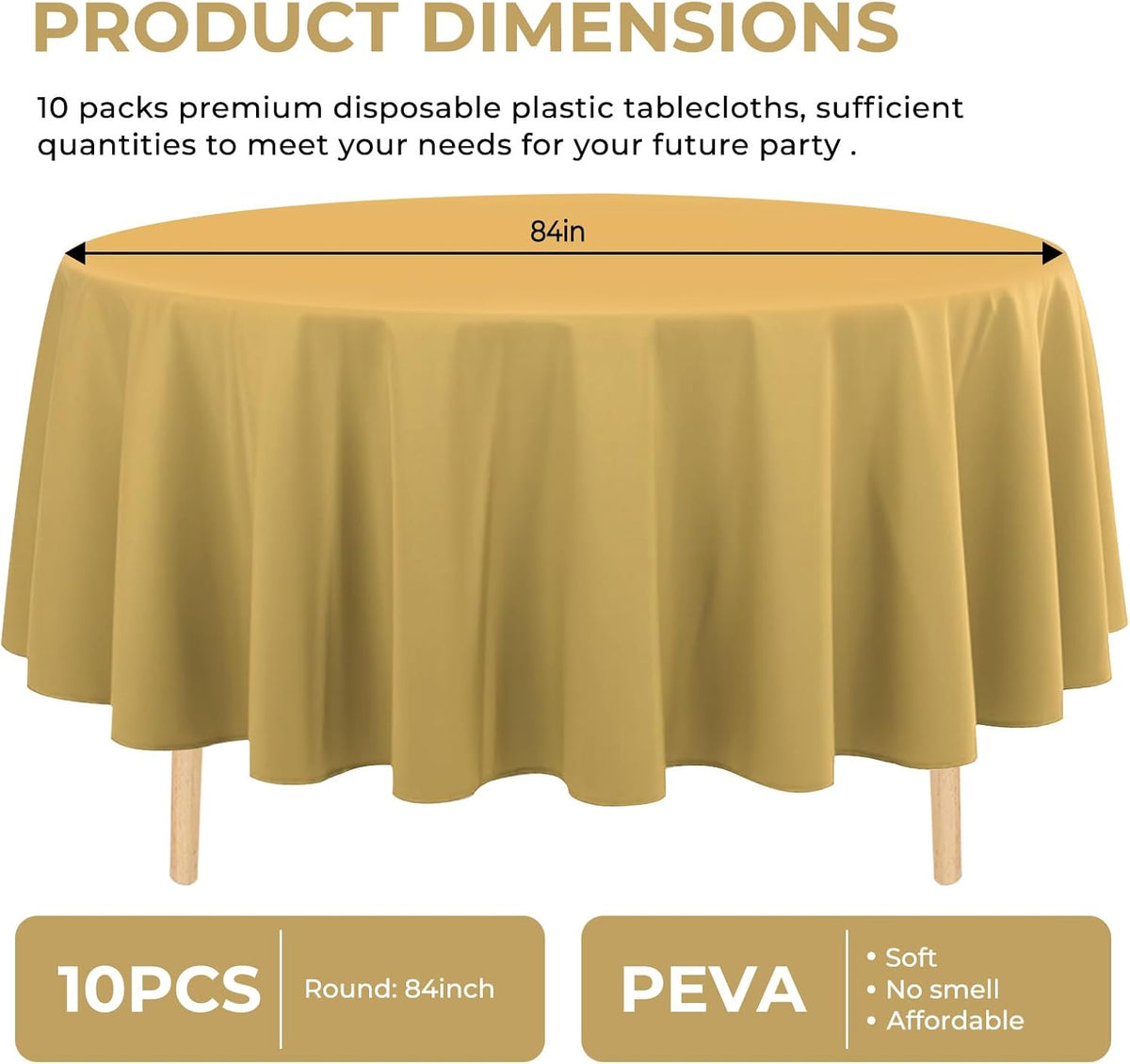 10 Pack Gold Round Tablecloth 84 Inch Round Plastic Table Cloth Disposable Waterproof Table Cover for Wedding Birthday Bridal Shower Party Decorations
