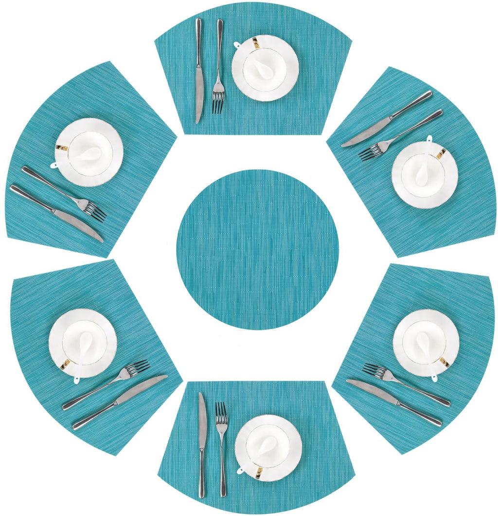 SHACOS Small Round Table Placemats Set of 5 Woven Vinyl Wedge Placemats with Centerpiece Round Table Mats Heat Resistant Wipe Clean (5, Black Gray)