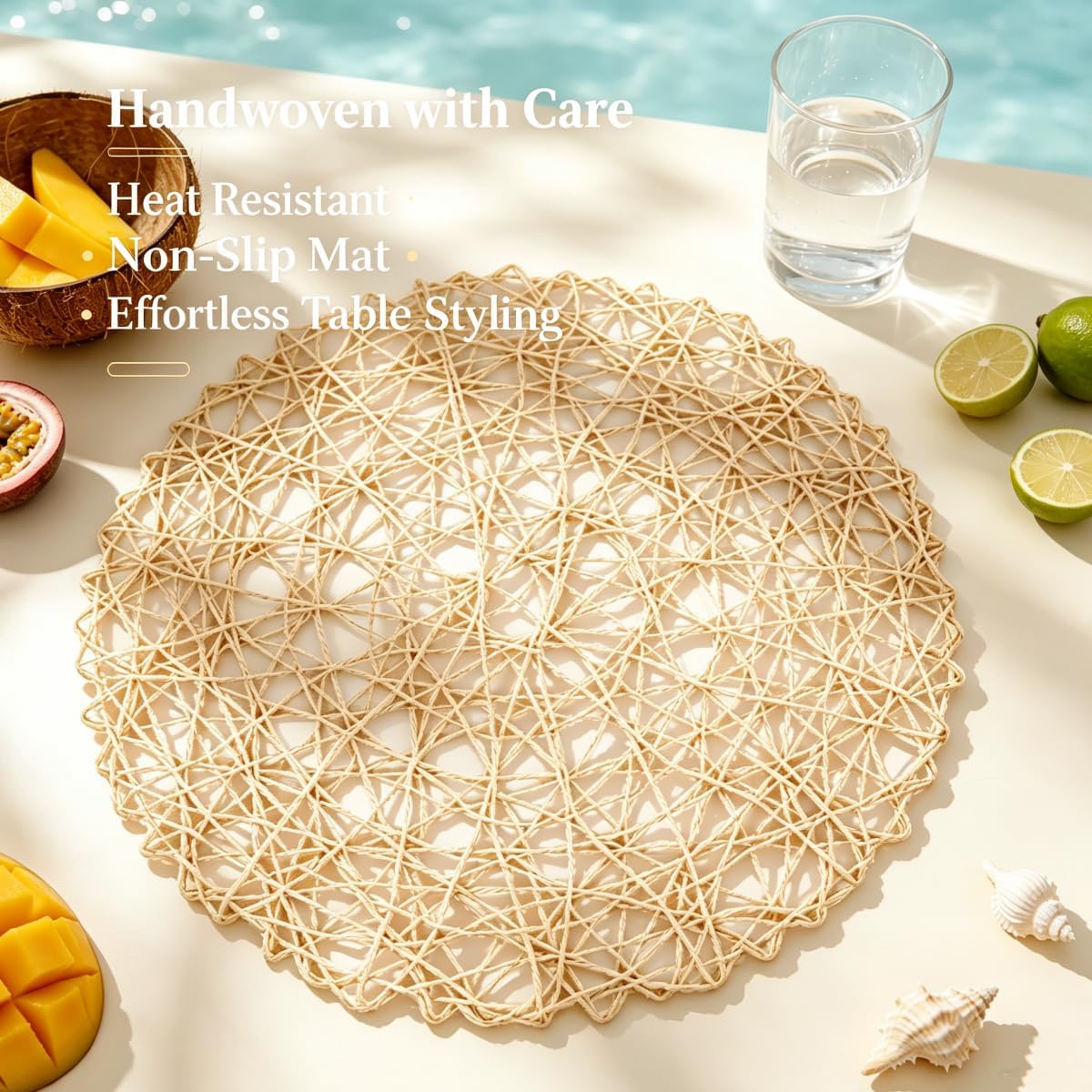 IcosaMro Beige Round Placemats Set of 6 for Dining Table, 15 Inch Paper Woven Boho Decorative Circle Place Mat for Wedding Christmas Thanksgiving Day Holiday Dinner, Beige