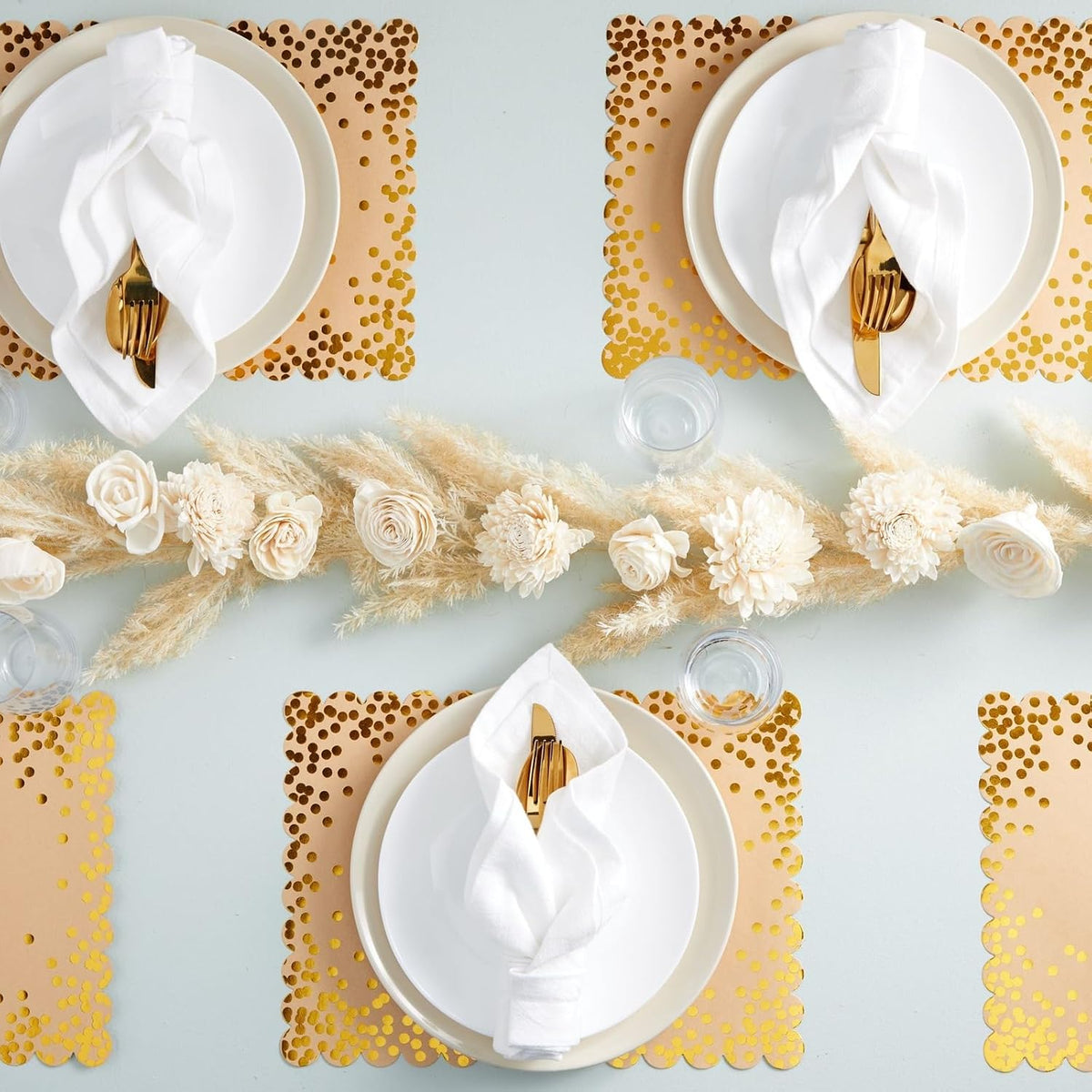 Blue Panda Rectangular Disposable Gold Paper Placemats - Scalloped Edge & Gold Foil Polka Dots - Bulk 50 Count for Parties & Disposable Place Mats - 10 x 14 in - 50 Count