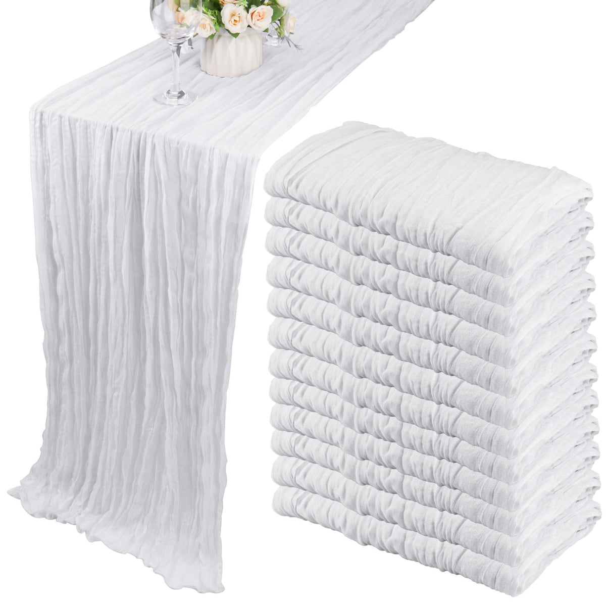 12 Pack 10Ft Cheesecloth Table Runner 35x120 Inch Boho Gauze Rustic Cheese Cloth Long Romantic Table Runner for Wedding Bridal Shower Birthday Party Table Decor (Beige)