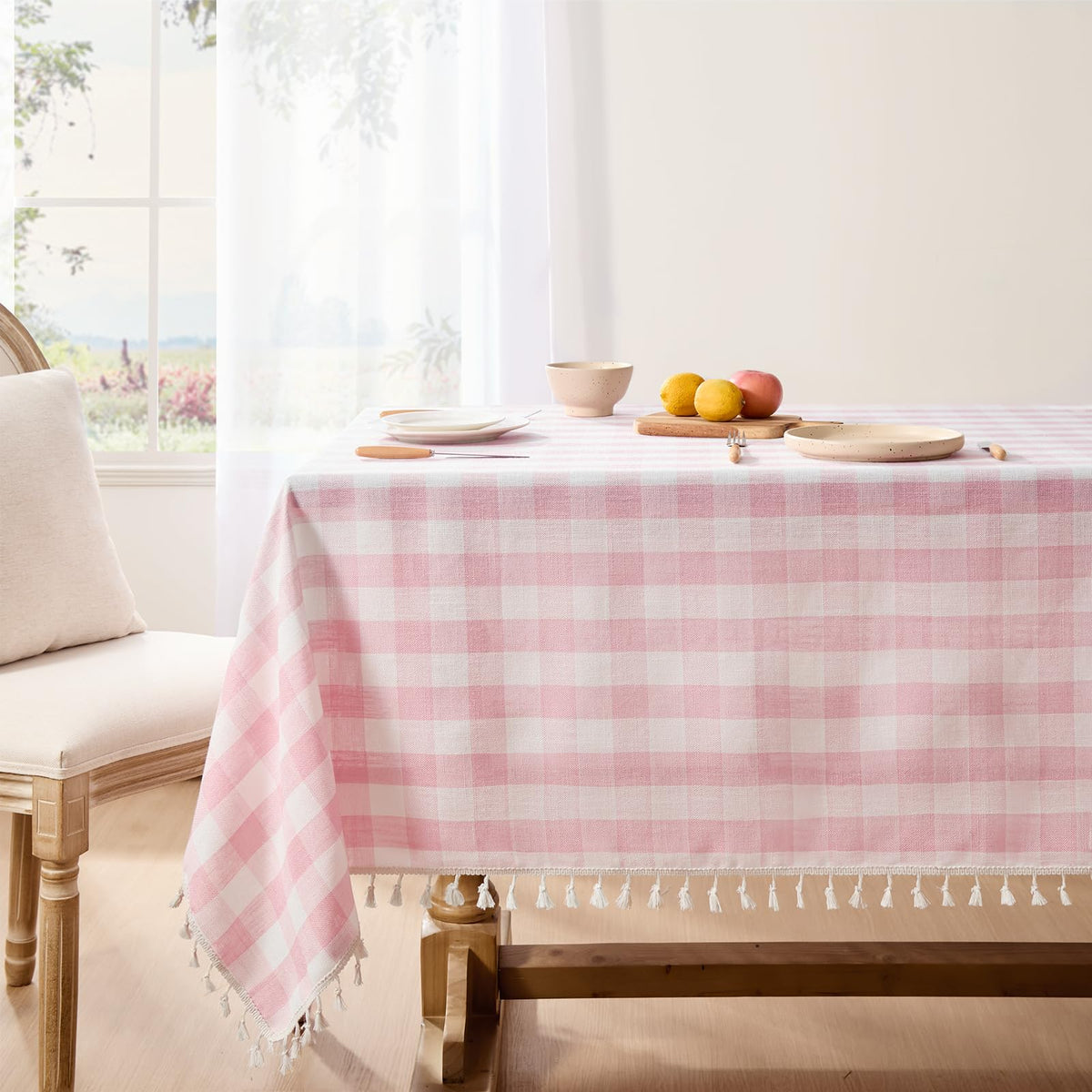 Softalker Fall Gingham Rectangle Tablecloth with Tassel, Orange, 55" x 84"