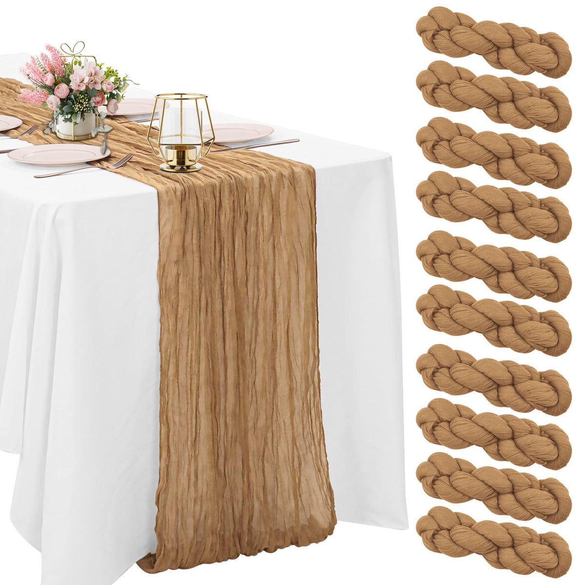 10 Pack Dusty Pink Cheesecloth Table Runner 10FT Boho Gauze Fabric Table Runner Vintage Rustic Sheer Runners for Wedding Party Bridal Baby Shower Long Table Decorations