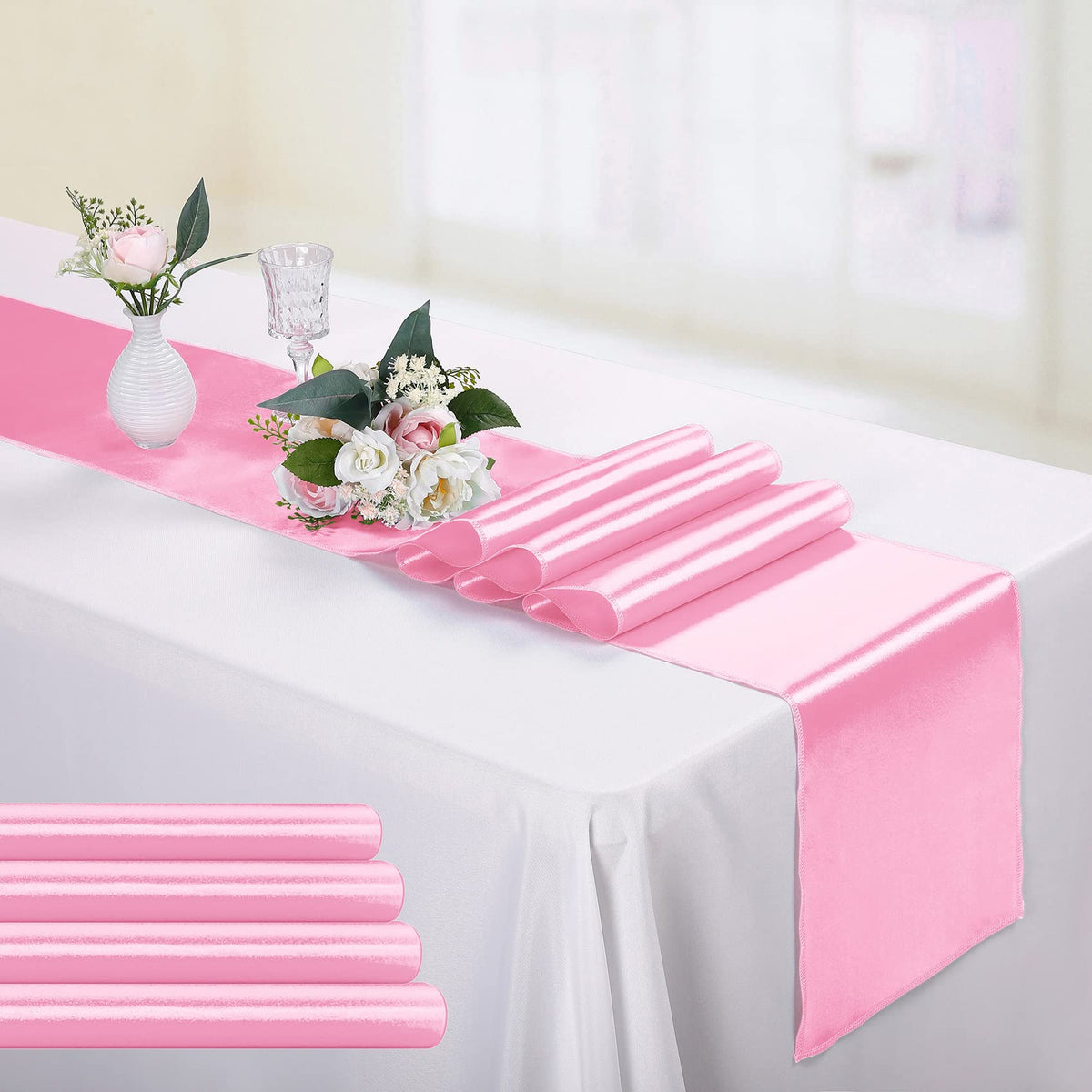 10-Pack Satin Table Runner Light Gold 12 x 108 inches Long, Table Runners for Wedding, Birthday Parties, Banquets Decorations（10 Pack, 12x108 Inch, Light Gold）