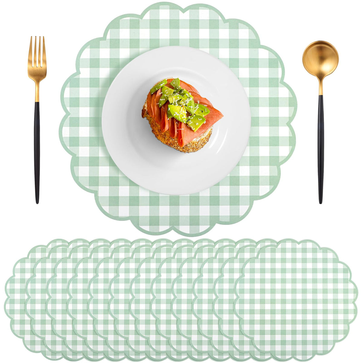 60 Pcs Sage Green Gingham Paper Placemats, Scalloped Checkered Place Mats