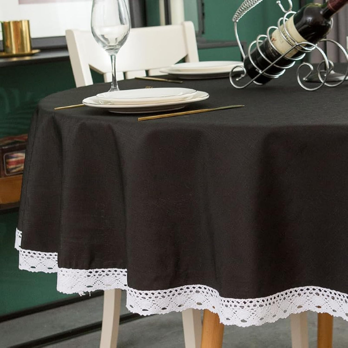 EHouseHome Faux Linen Tablecloth with Lace Trim - Waterproof/Spill Proof/Stain Resistant/Wrinkle Free/Oil Proof - for Banquet, Parties, Dinner,Kitchen,Wedding,Coffee,Holiday,Flax,Rectangle 60x84Inch