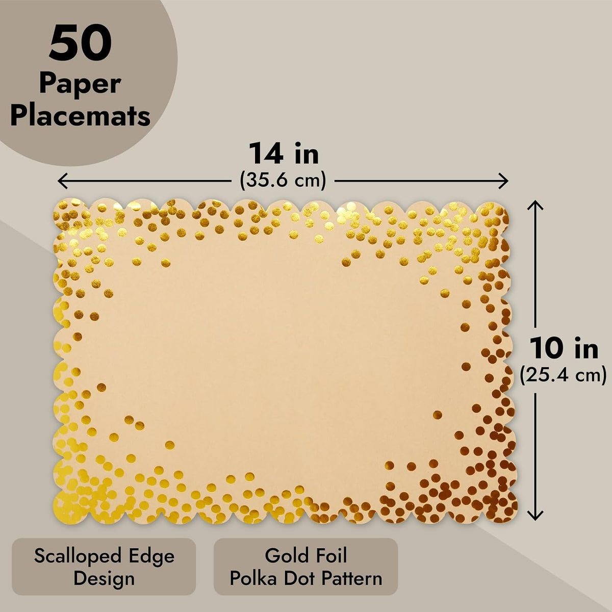 Blue Panda Rectangular Disposable Gold Paper Placemats - Scalloped Edge & Gold Foil Polka Dots - Bulk 50 Count for Parties & Disposable Place Mats - 10 x 14 in - 50 Count