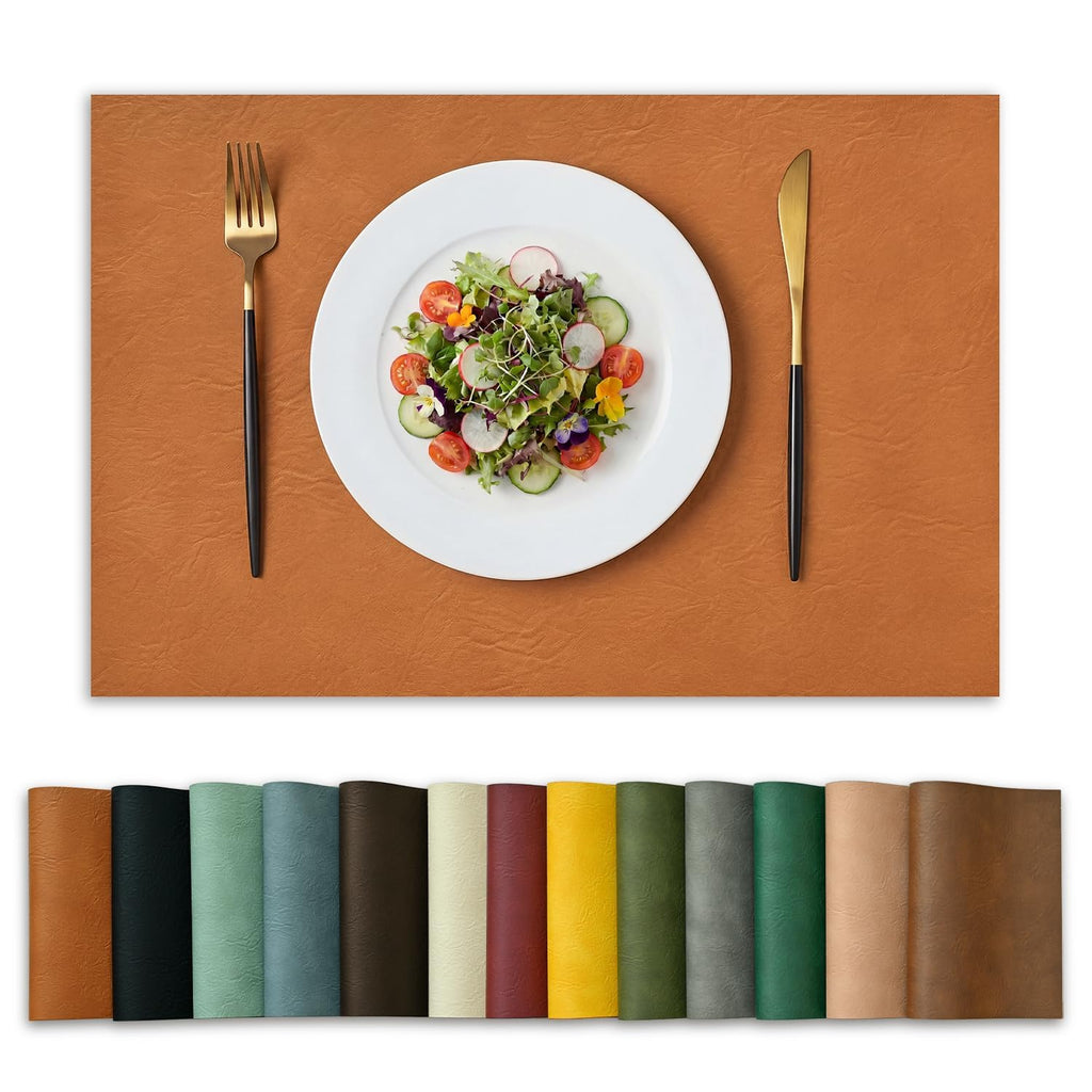 Artoid Mode Olive Green Faux Leather Placemats Set of 6, 15 Inch Waterproof Wipeable Heat Resistant Vinyl Place Mats, Reversible Table Mats for Kitchen Dining Decor