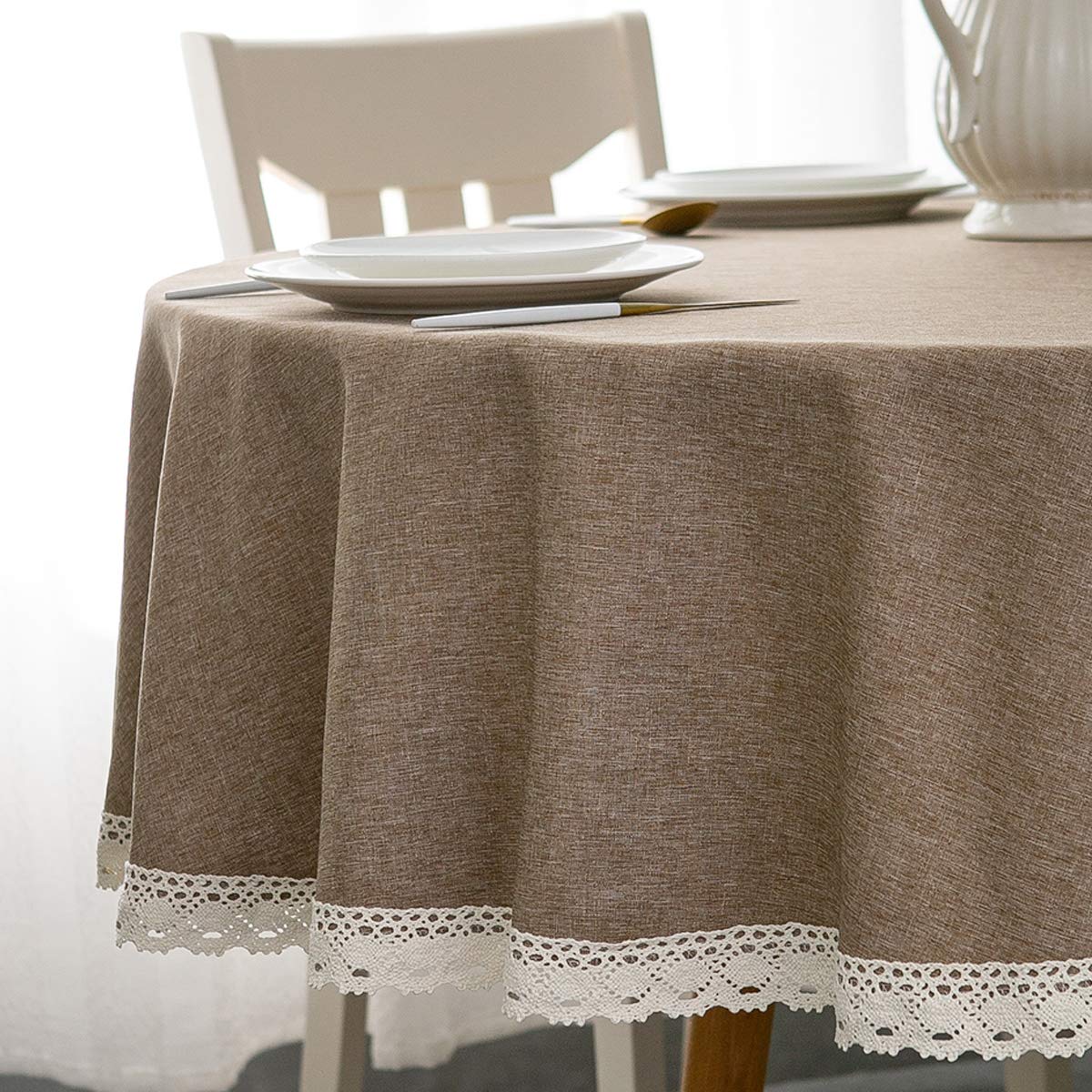 EHouseHome Faux Linen Tablecloth with Lace Trim - Waterproof/Spill Proof/Stain Resistant/Wrinkle Free/Oil Proof - for Banquet, Parties, Dinner,Kitchen,Wedding,Coffee,Holiday,Flax,Rectangle 60x84Inch