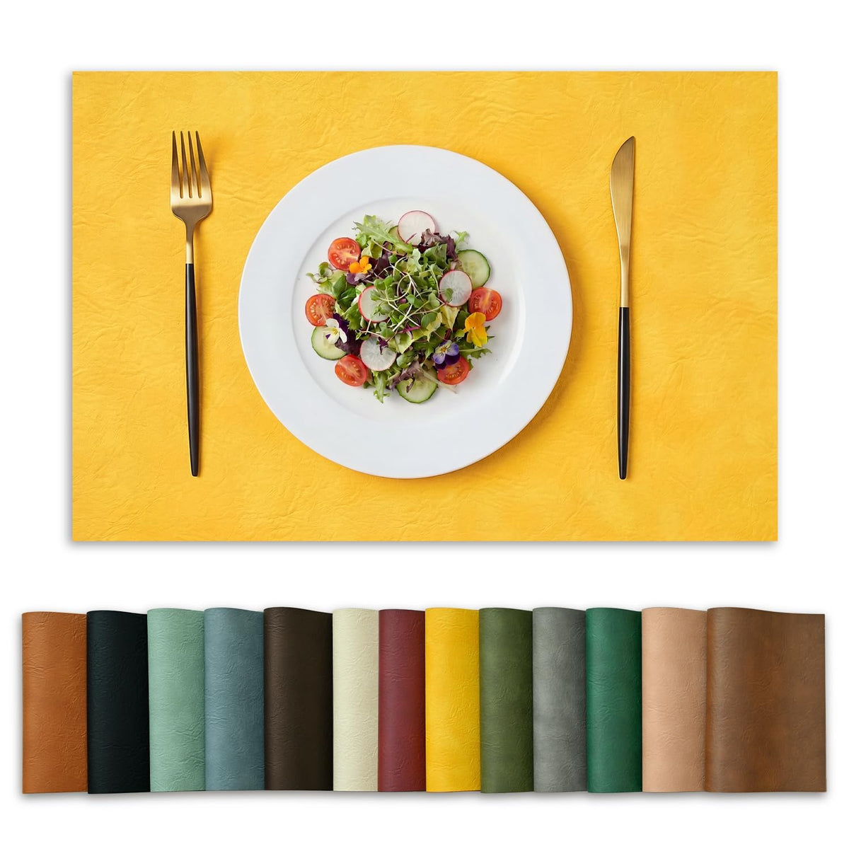 Artoid Mode Olive Green Faux Leather Placemats Set of 6, 15 Inch Waterproof Wipeable Heat Resistant Vinyl Place Mats, Reversible Table Mats for Kitchen Dining Decor