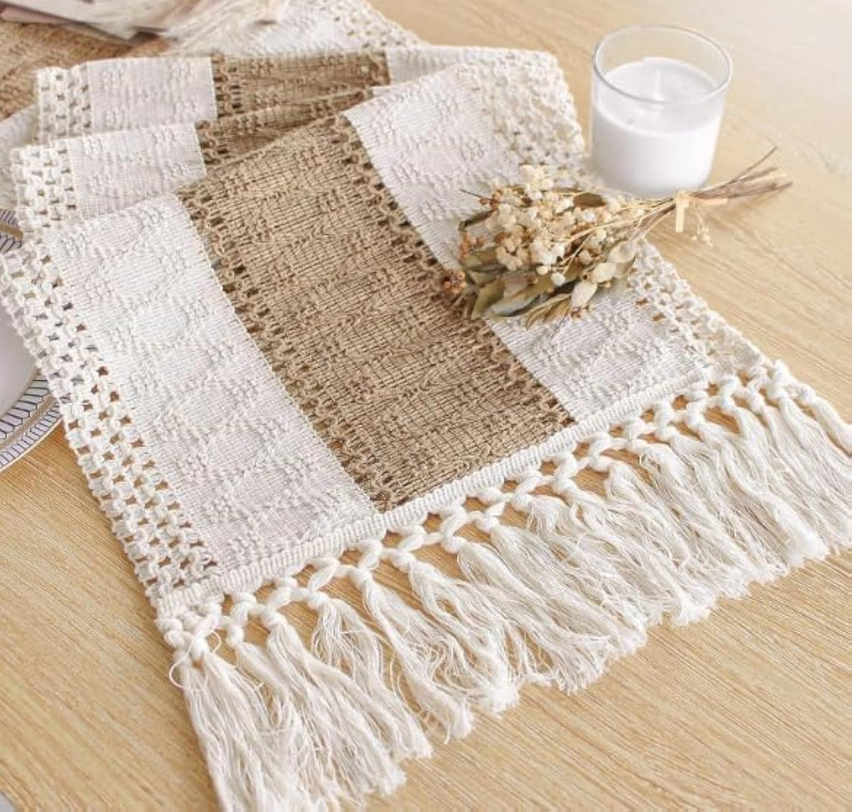 FEXIA Boho Table Runner for Fall Home Decor 12x72 Rustic with Tassels