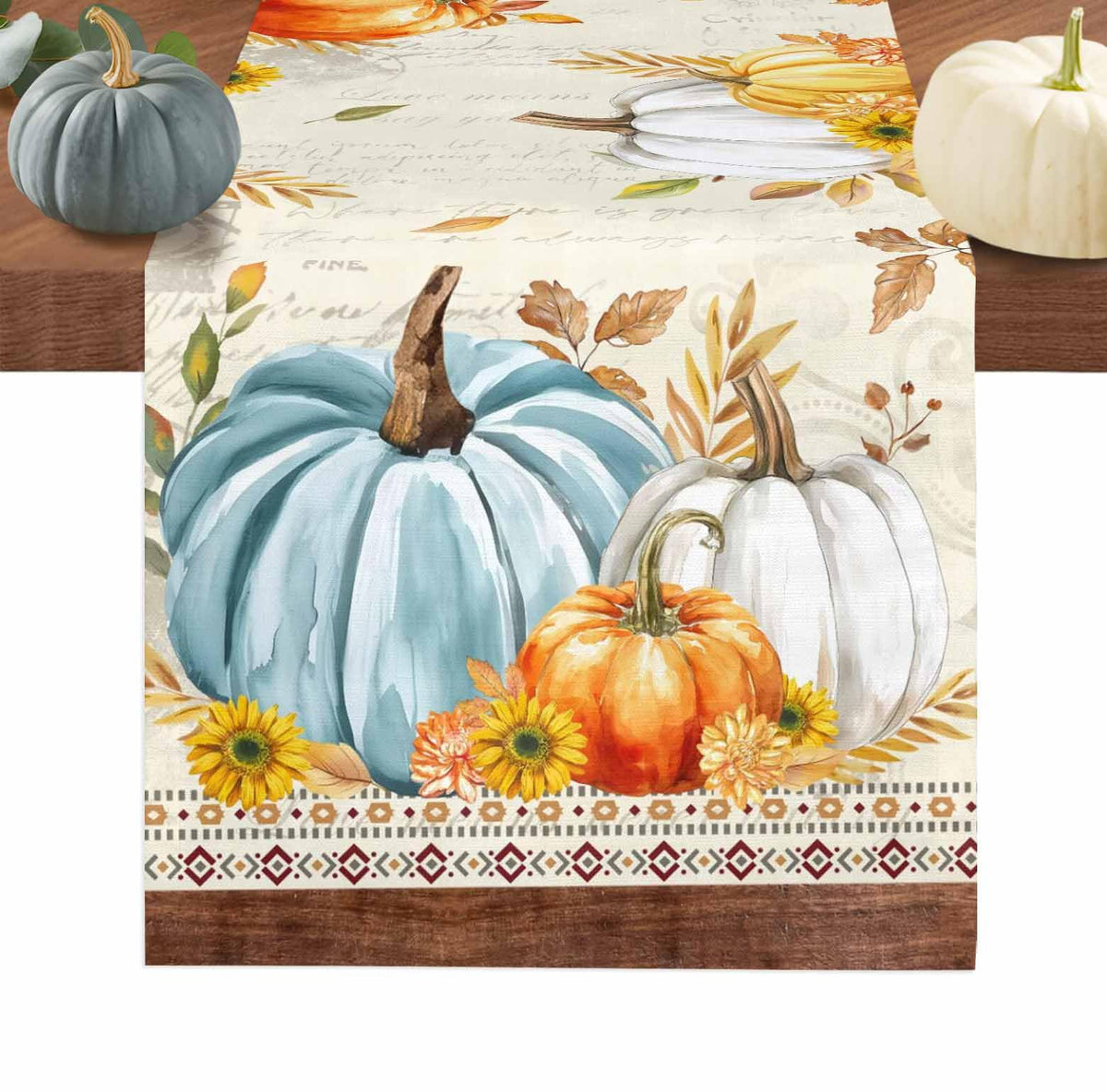 Fall Table Runner 13x70 Inches Long Blue Pumpkin Table Runners Floral Leaves Cotton Linen Autumn Harvest Dresser Scarf Kitchen Dining Table Decor for Thanksgiving Holiday Party Coffee Indoor Outdoor