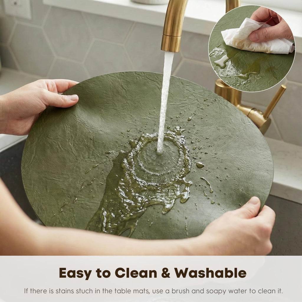 Artoid Mode Olive Green Faux Leather Placemats Set of 6, 15 Inch Waterproof Wipeable Heat Resistant Vinyl Place Mats, Reversible Table Mats for Kitchen Dining Decor