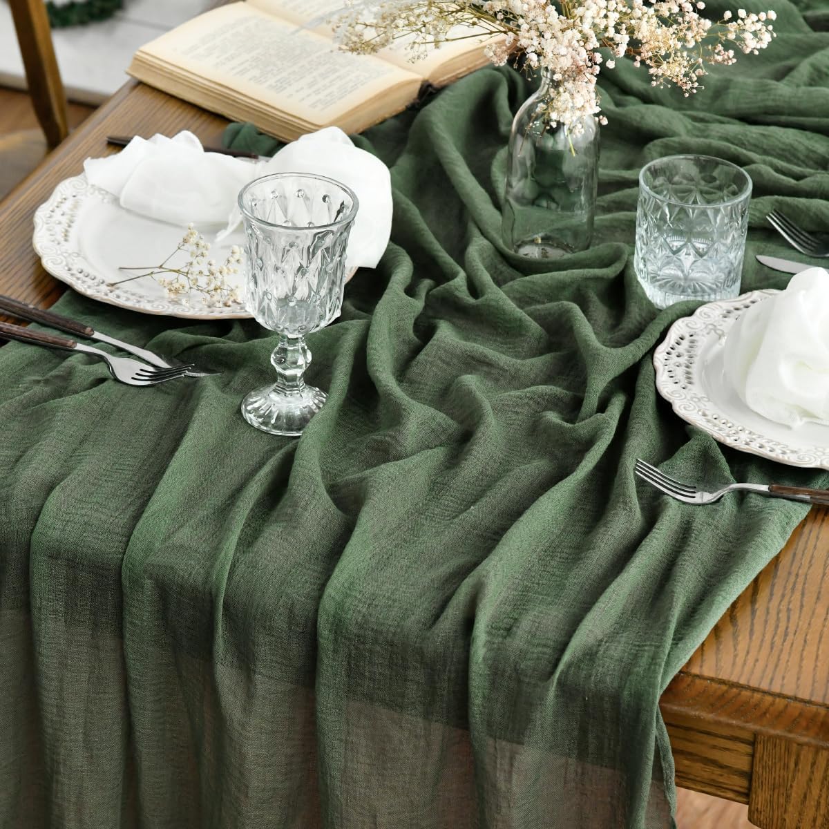 Artoid Mode Boho Cheesecloth Gauze Forest Green Wedding Table Runner, 160 Inch Seasonal Fabric Kitchen Dining Holiday Table Decor for Home Party Indoor