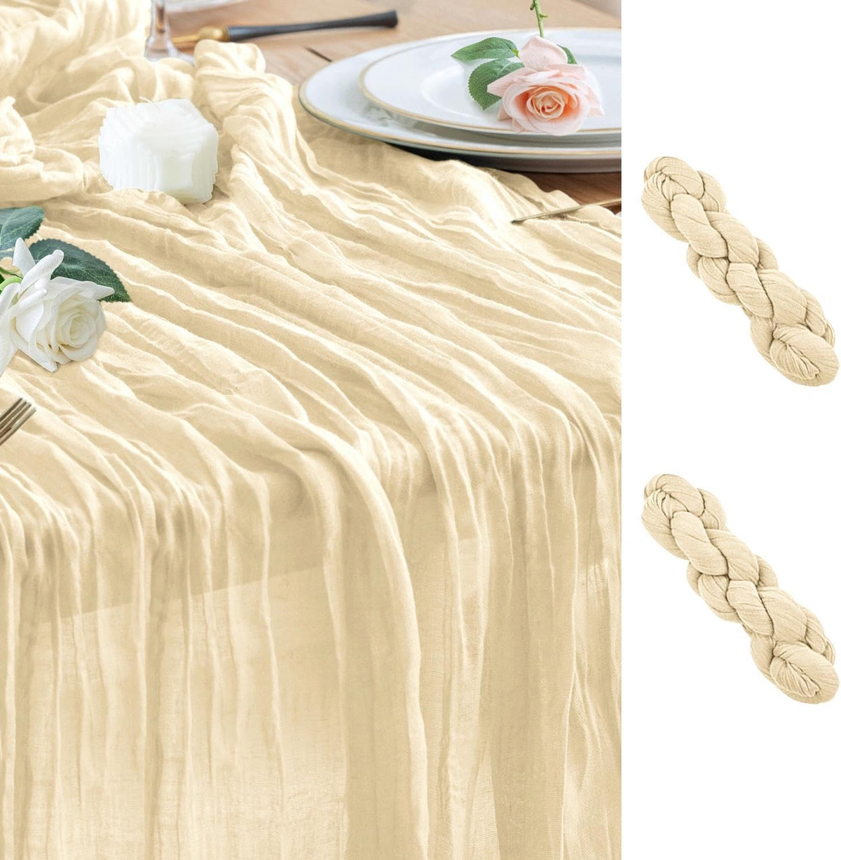 Wokceer Cheesecloth Table Runner Beige 10FT Boho Gauze Runner, 2 Pack