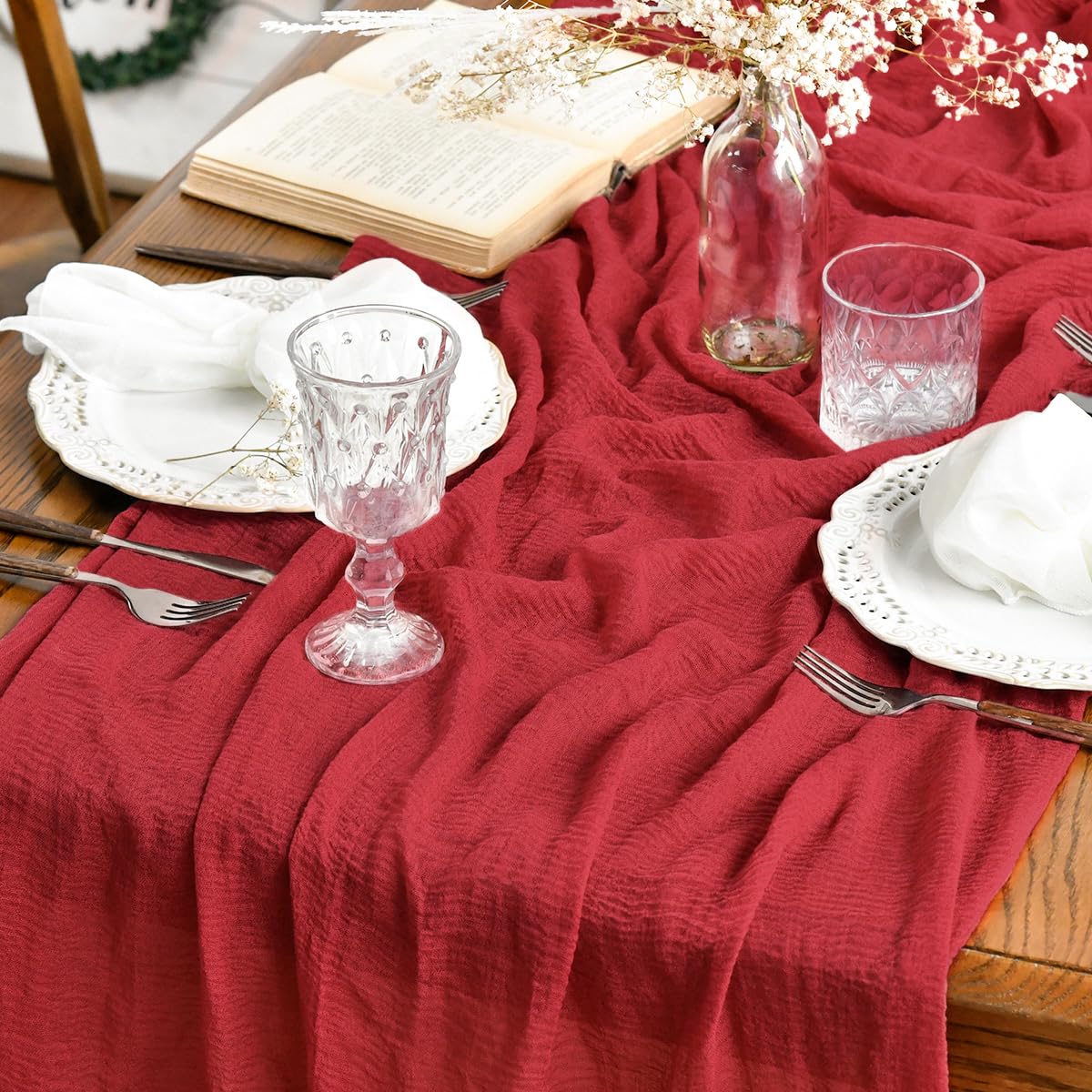 Artoid Mode Boho Cheesecloth Gauze Forest Green Wedding Table Runner, 160 Inch Seasonal Fabric Kitchen Dining Holiday Table Decor for Home Party Indoor