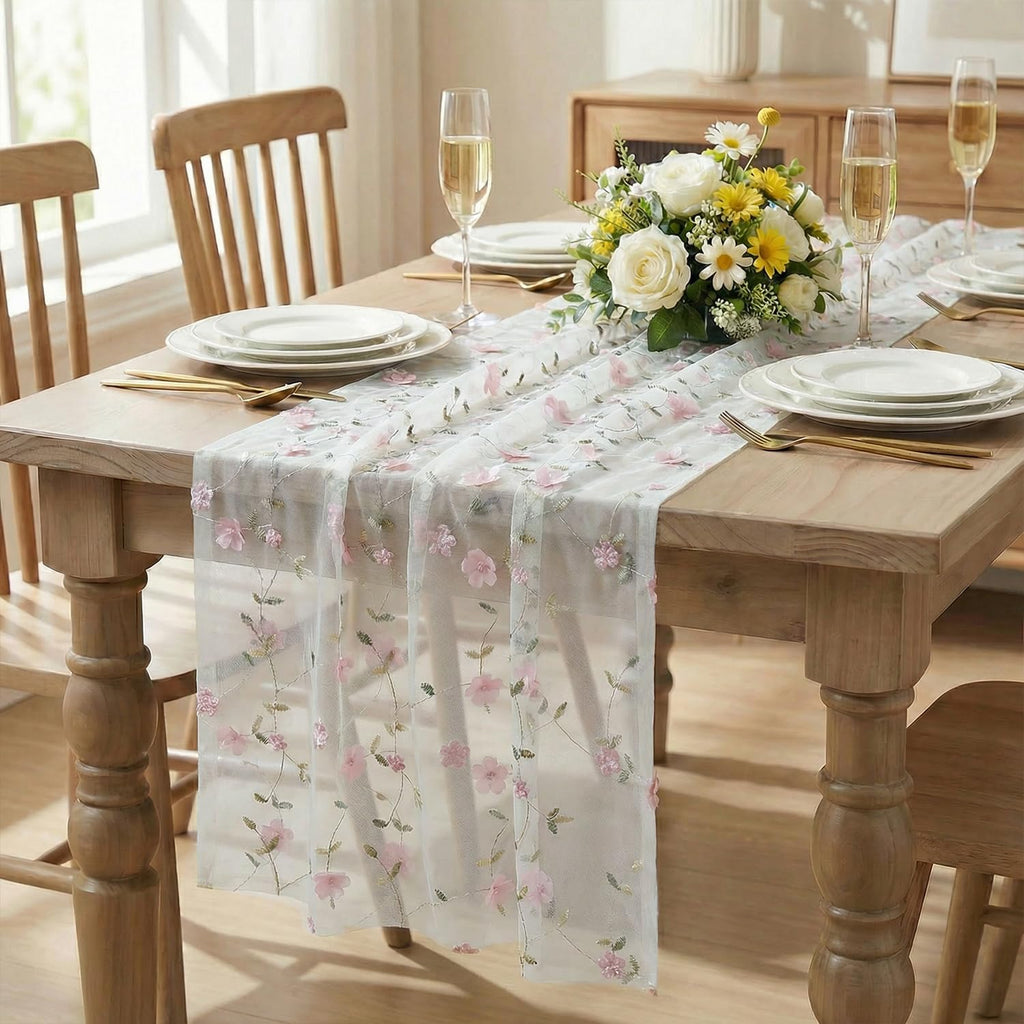 Artoid Mode Pink 3D Flower Gauze Embroidery Table Runner 120 Inch 10FT