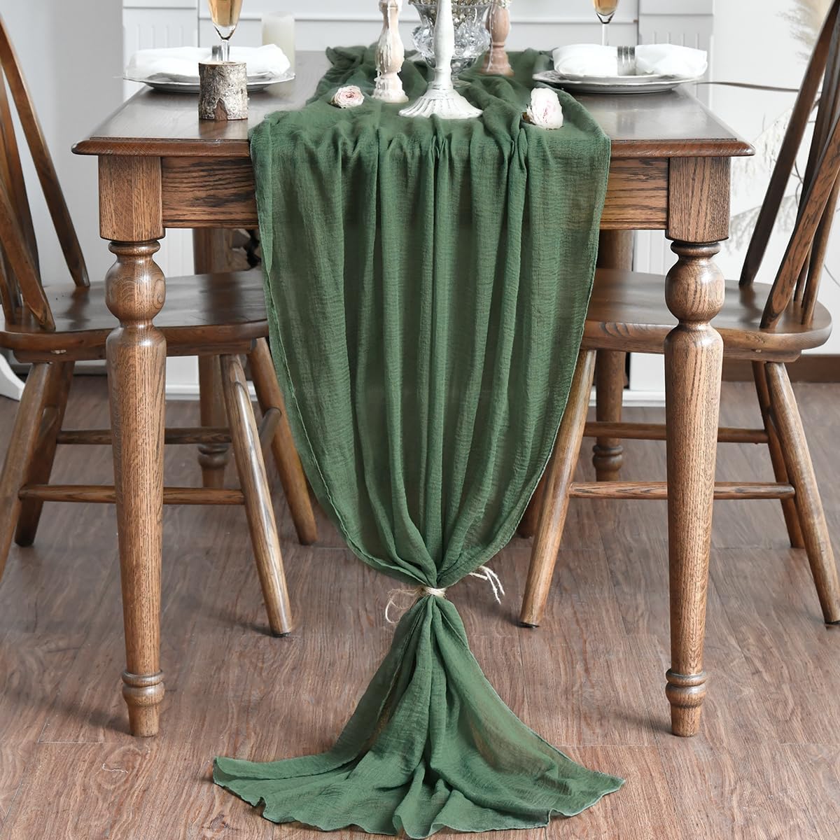 Artoid Mode Boho Cheesecloth Gauze Forest Green Wedding Table Runner, 160 Inch Seasonal Fabric Kitchen Dining Holiday Table Decor for Home Party Indoor