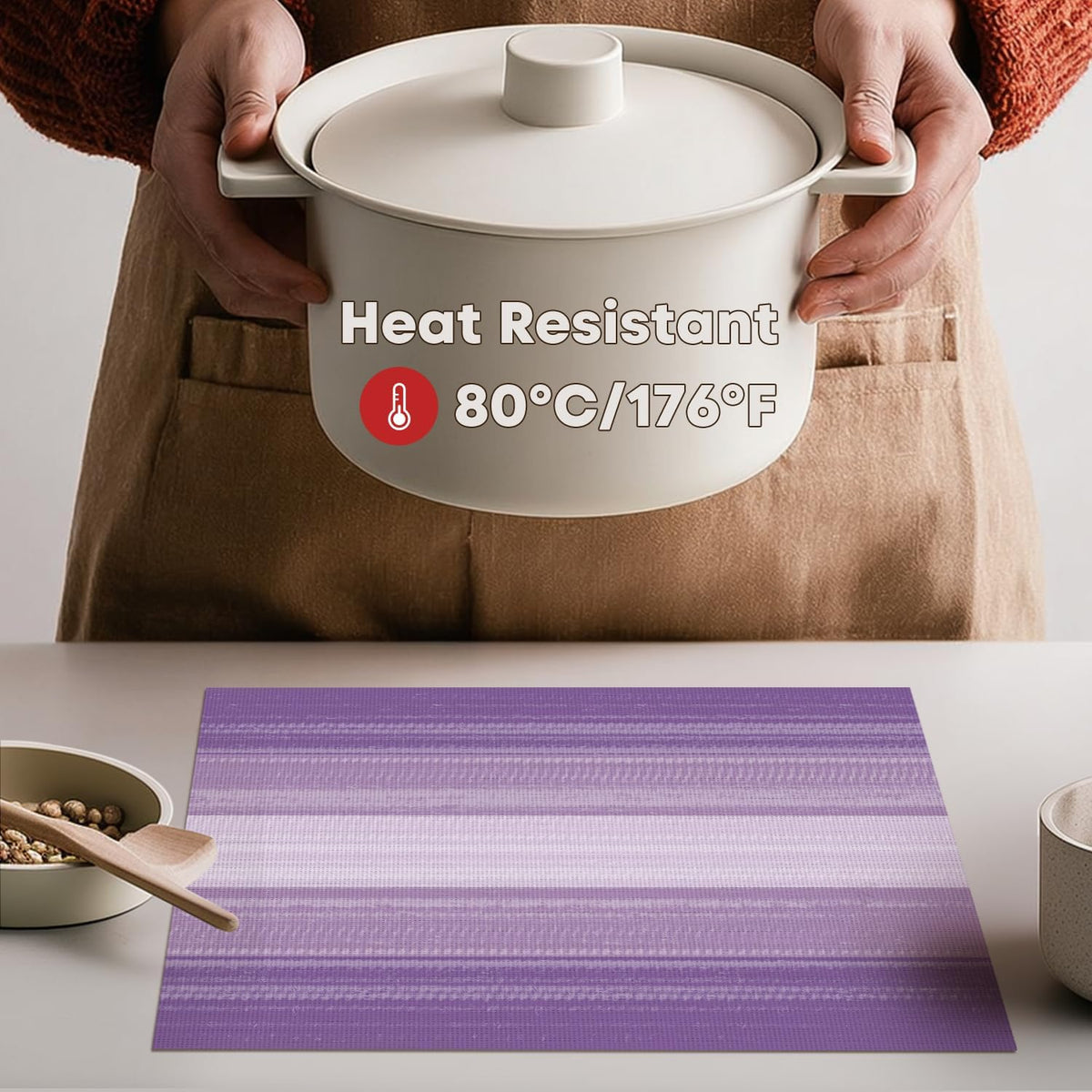 Artoid Mode Purple Gradient Stripes Placemats Set of 4, Washable Heat Resistant Non-Slip Woven Plastic Mardi Gras PVC Place Mats for Farmhouse Party Kitchen Dining Decor