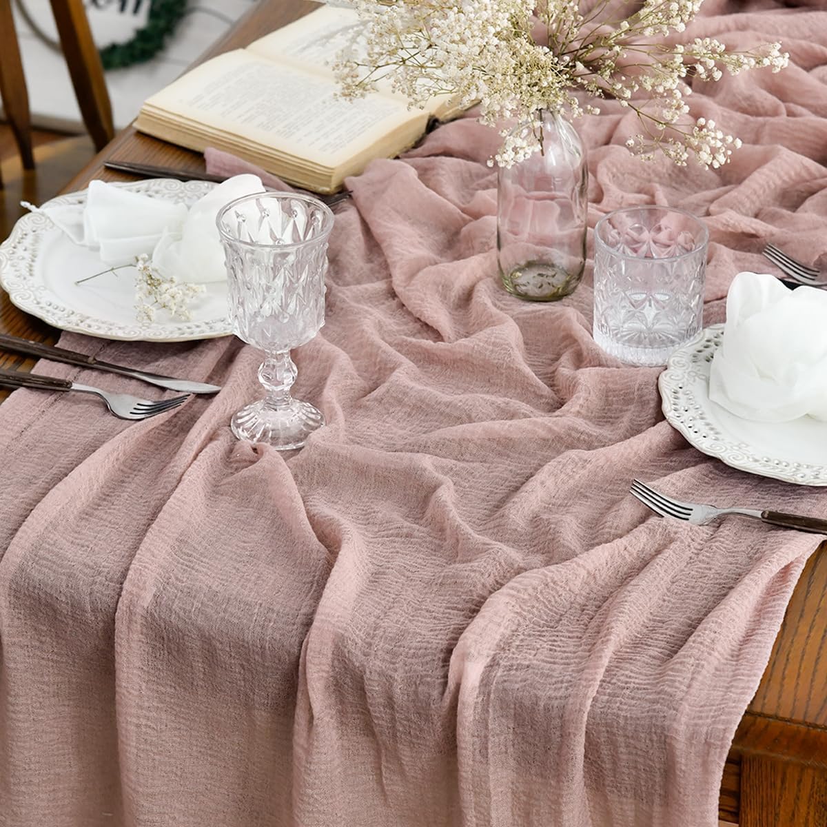 Artoid Mode Boho Cheesecloth Gauze Forest Green Wedding Table Runner, 160 Inch Seasonal Fabric Kitchen Dining Holiday Table Decor for Home Party Indoor