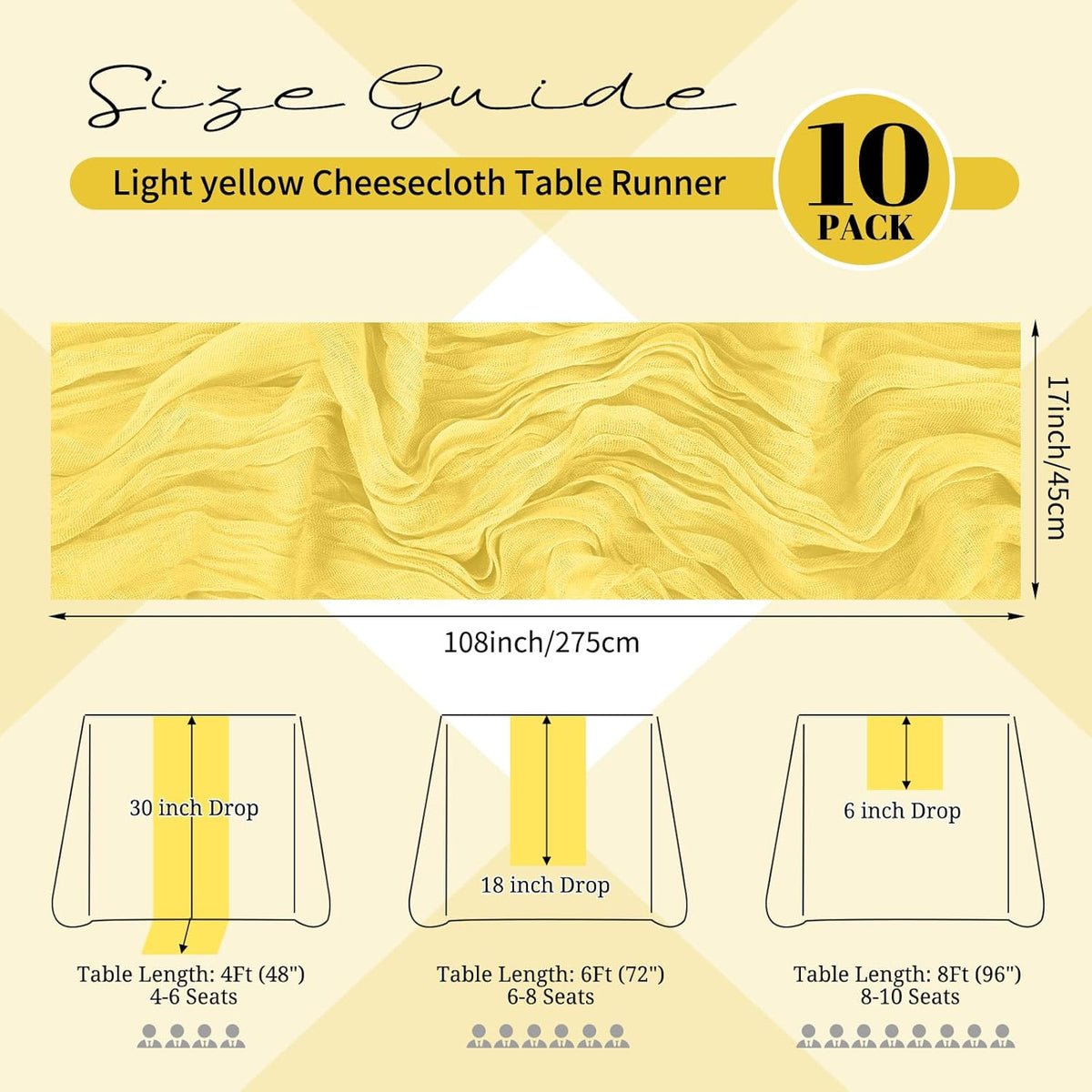 10 Pack Light Yellow Cheesecloth Table Runner 17x108 Inch Semi Sheer Boho Gauze Cheese Cloth Table Runners, for Wedding Bridal Shower Birthday Party Home Decor Garden Farmhouse