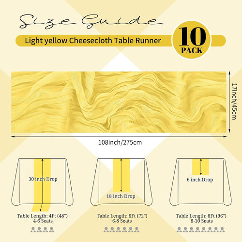 10 Pack Light Yellow Cheesecloth Table Runner 17x108 Inch Semi Sheer Boho Gauze Cheese Cloth Table Runners, for Wedding Bridal Shower Birthday Party Home Decor Garden Farmhouse
