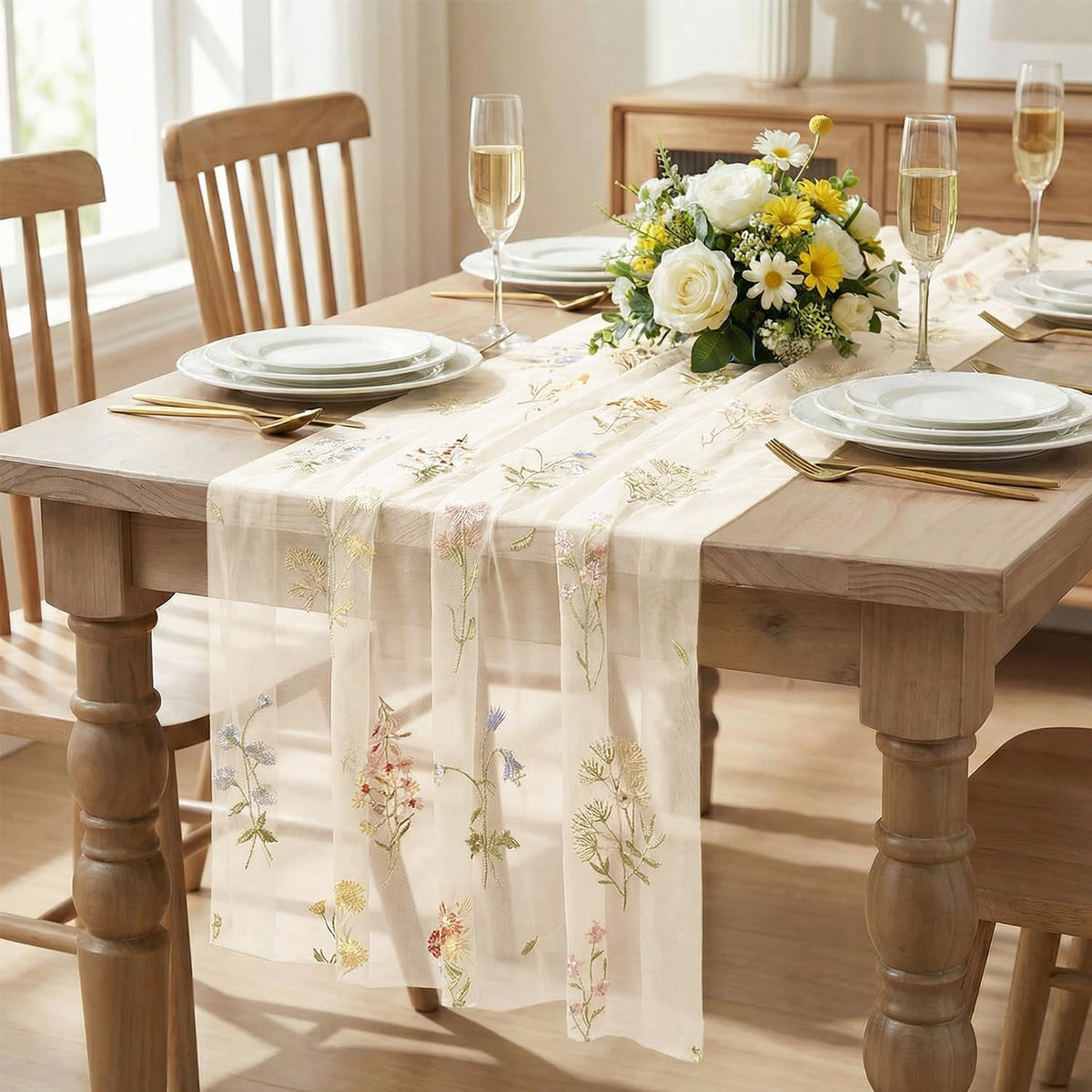 Artoid Mode Floral Apricot Gauze Embroidery Table Runner 120 Inch 10FT