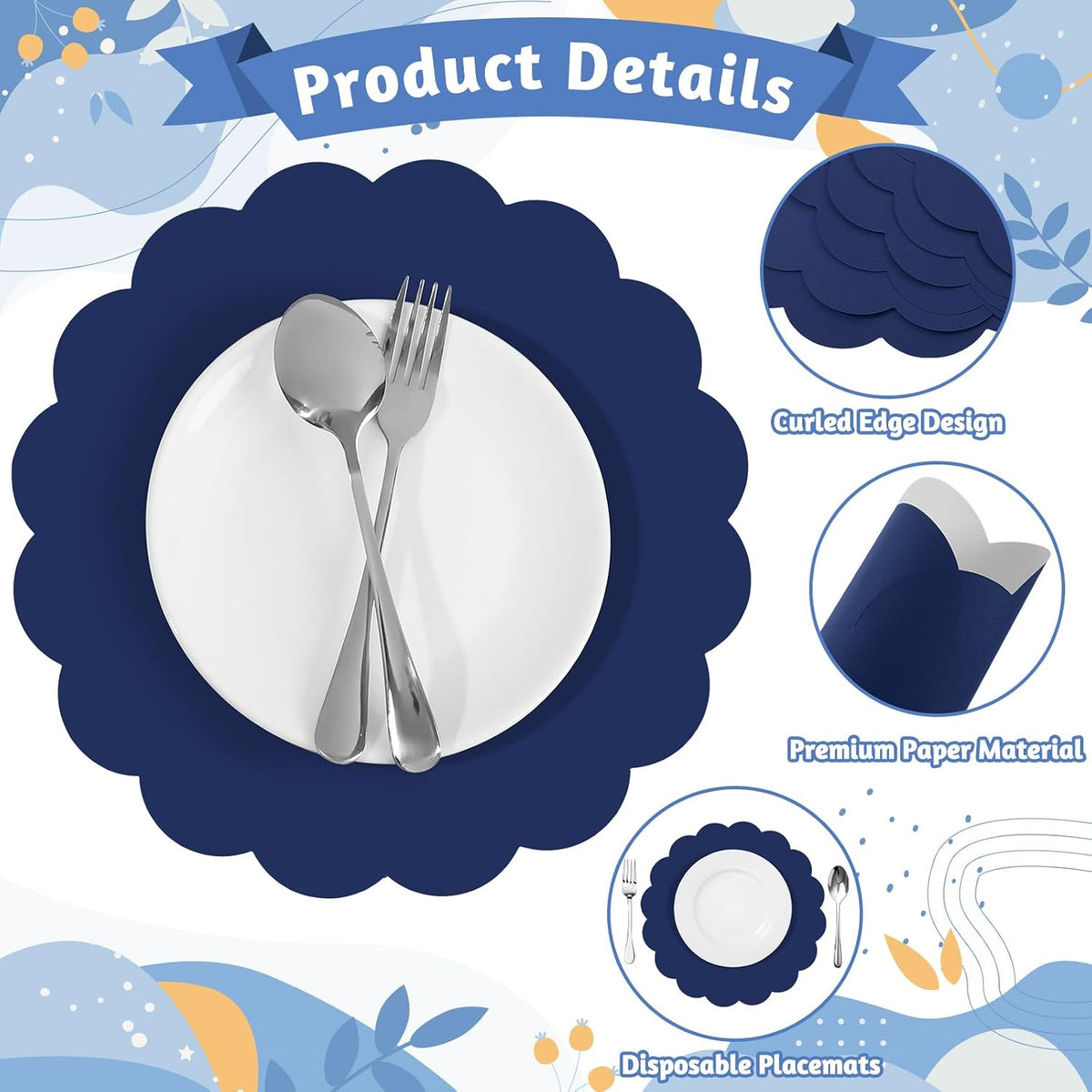 120 Pcs Navy Blue Paper Placemats, 13.5 Inch Disposable Scalloped Place Mat