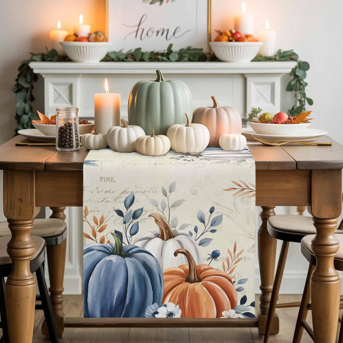Fall Table Runner 13x70 Inches Long Blue Pumpkin Table Runners Floral Leaves Cotton Linen Autumn Harvest Dresser Scarf Kitchen Dining Table Decor for Thanksgiving Holiday Party Coffee Indoor Outdoor