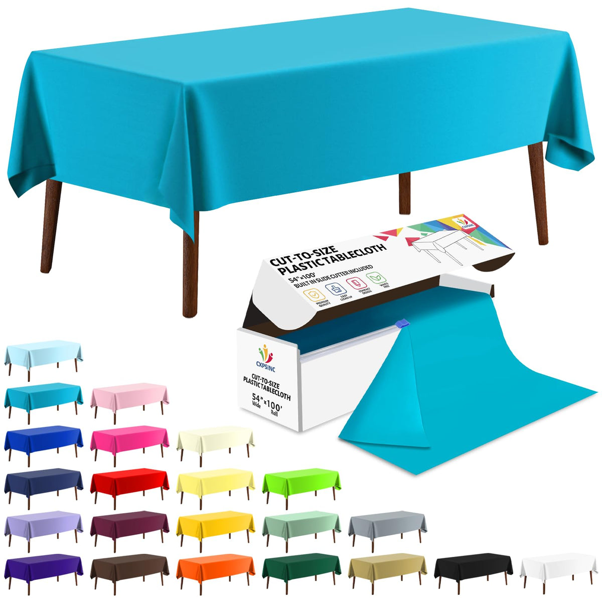CXPSINC White Plastic Table Cloth Disposable Tablecloth Roll 54 Inch X 300 Feet Plastic Table Cover Roll with Slide Cutter for Picnics, Parties, Banquet, Birthdays, Weddings