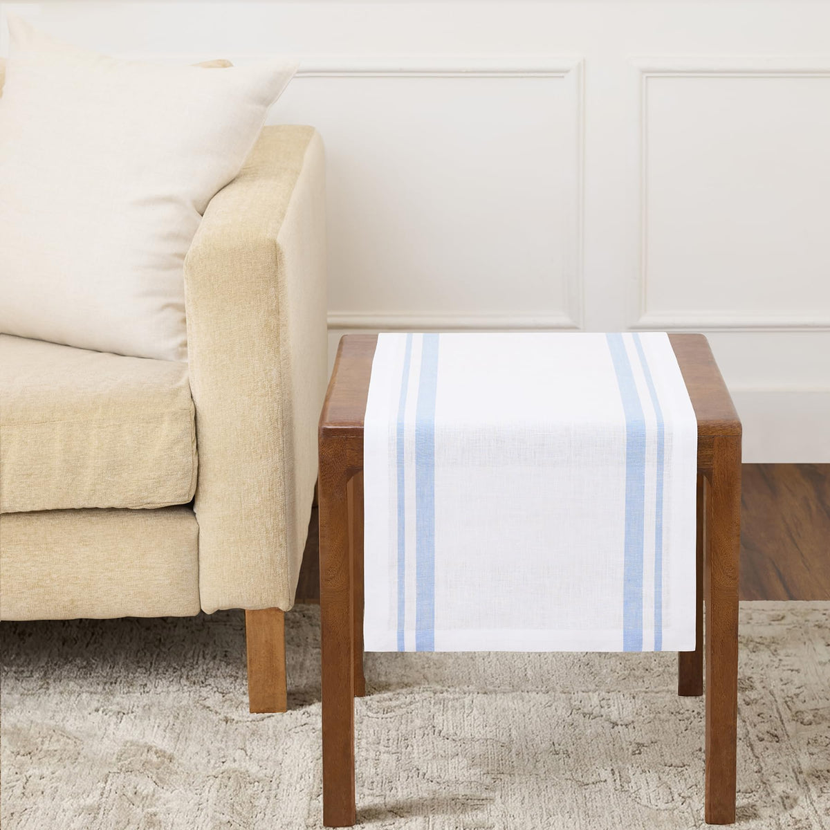 Solino Home 100% Pure Linen Table Runner, 14 x 108 in, Black, French Stripe