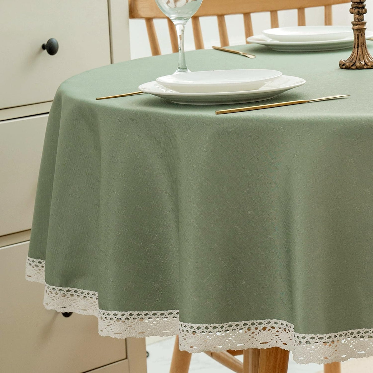 EHouseHome Faux Linen Tablecloth with Lace Trim - Waterproof/Spill Proof/Stain Resistant/Wrinkle Free/Oil Proof - for Banquet, Parties, Dinner,Kitchen,Wedding,Coffee,Holiday,Flax,Rectangle 60x84Inch