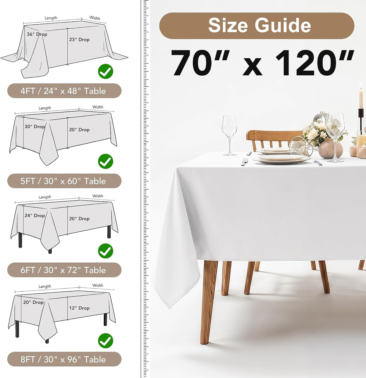 Fitable 6 Pack White Table Cloths 70x120 Inch for 6-8 Ft Rectangle Tables
