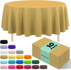 10 Pack Gold Round Tablecloth 84 Inch Round Plastic Table Cloth Disposable Waterproof Table Cover for Wedding Birthday Bridal Shower Party Decorations