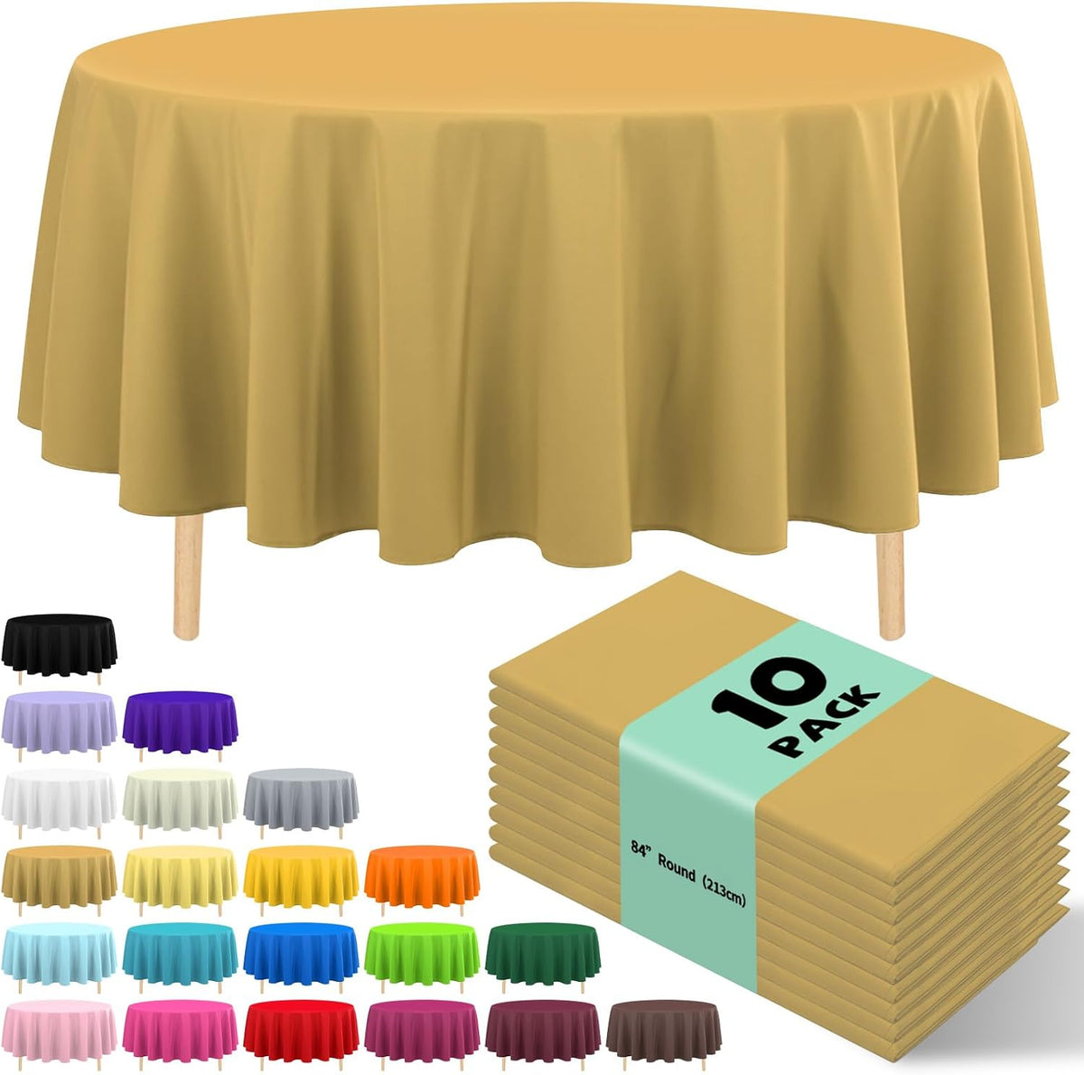 10 Pack Gold Round Tablecloth 84 Inch Round Plastic Table Cloth Disposable Waterproof Table Cover for Wedding Birthday Bridal Shower Party Decorations