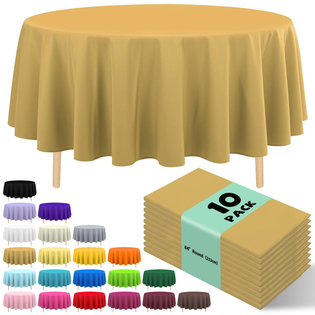 10 Pack Gold Round Tablecloth 84 Inch Round Plastic Table Cloth Disposable Waterproof Table Cover for Wedding Birthday Bridal Shower Party Decorations