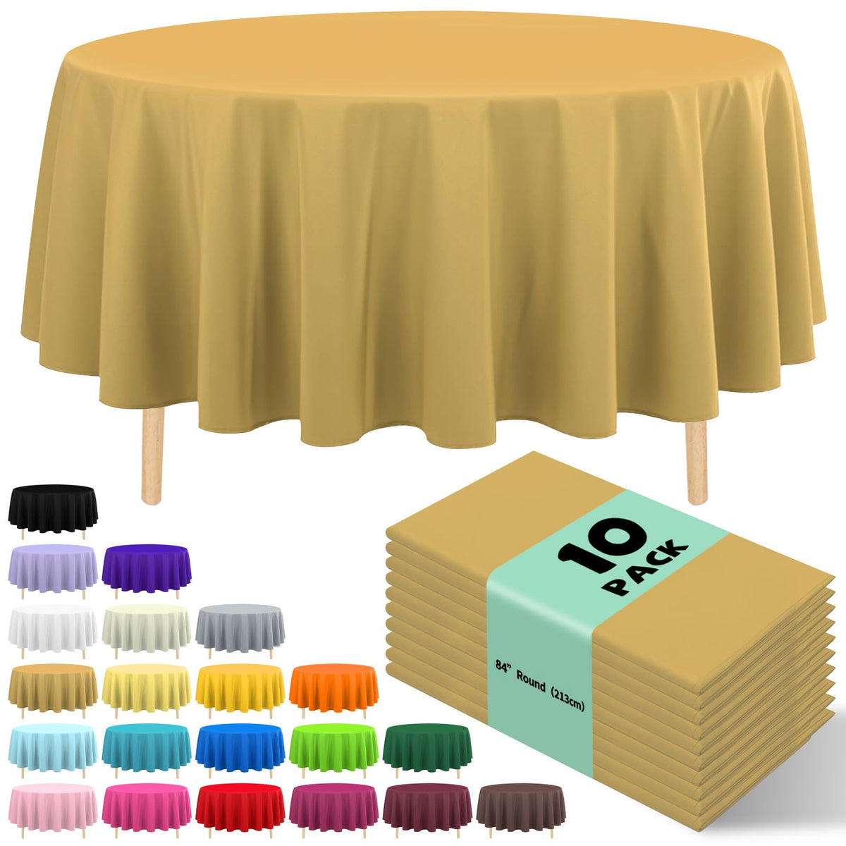 10 Pack Gold Round Tablecloth 84 Inch Round Plastic Table Cloth Disposable Waterproof Table Cover for Wedding Birthday Bridal Shower Party Decorations
