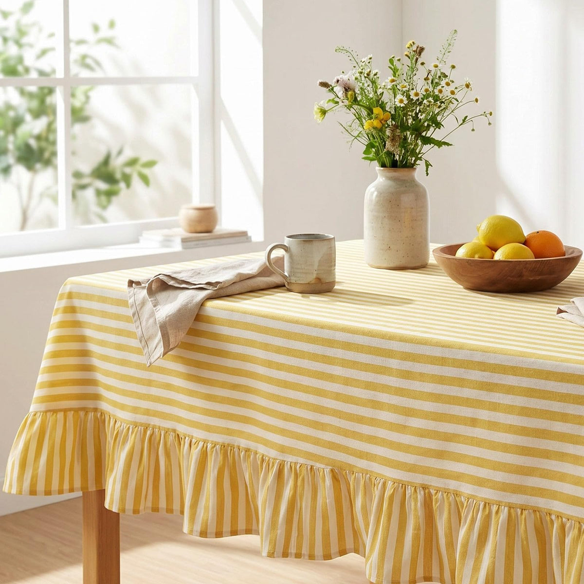 Mindsoft Pink Striped Ruffled Rectangular Tablecloth 60 x 120 Inches