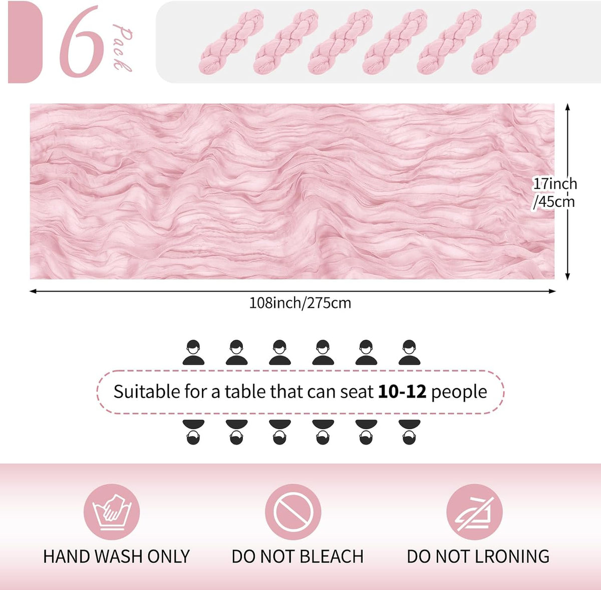 6 Pack Light Pink Cheesecloth Table Runner 17x108 Inch Semi Sheer Boho Gauze Cheese Cloth Fabric Table Runners Table Decor for Wedding Party Baby Shower Birthday Home Decor Garden Farmhouse