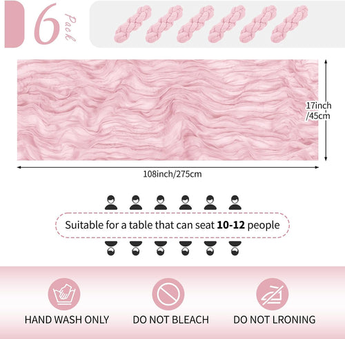 6 Pack Light Pink Cheesecloth Table Runner 17x108 Inch Semi Sheer Boho Gauze Cheese Cloth Fabric Table Runners Table Decor for Wedding Party Baby Shower Birthday Home Decor Garden Farmhouse