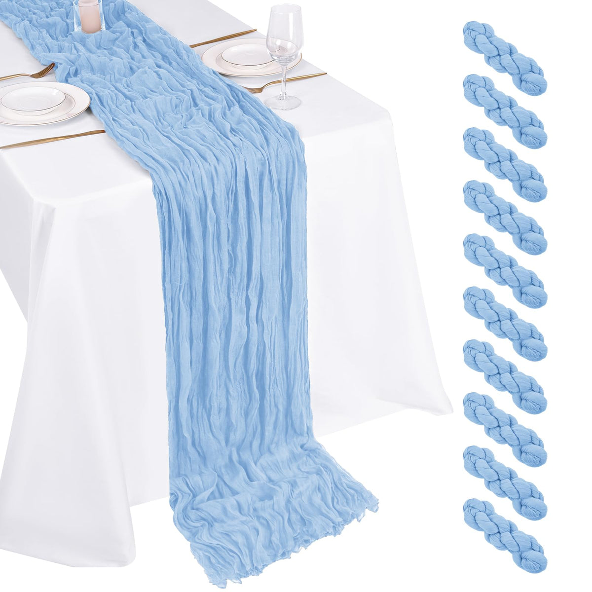 10 Pack Dusty Blue Cheesecloth Table Runner 17x108 Inch Boho Gauze Cheese Cloth Table Runners for Wedding Party Baby Shower Birthday Home Decor
