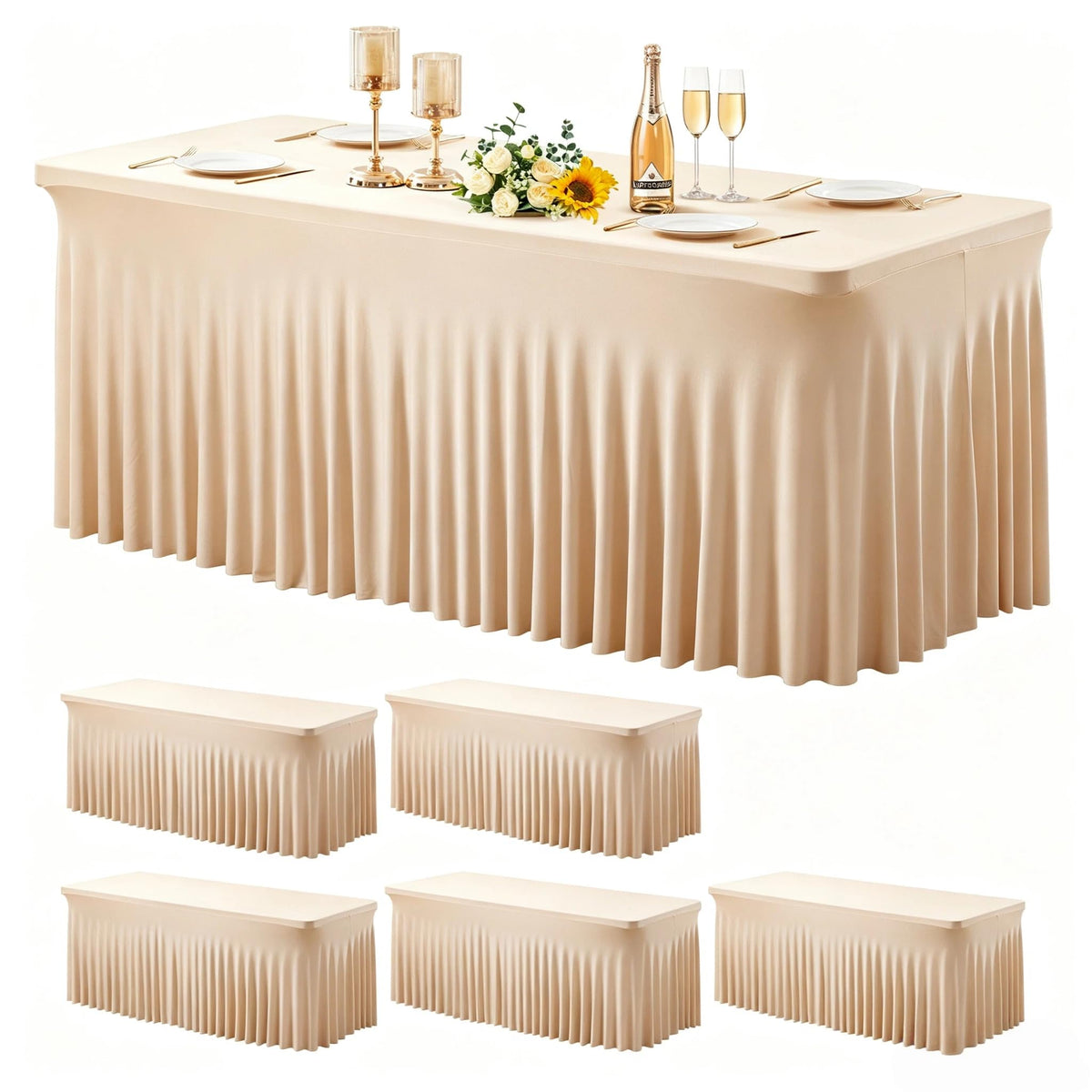 Wish Care 2 Pack Ivory Spandex Table Clothes for 6 Foot Rectangle Tables, 6FT Wrinkle Free Fitted Tablecloths Ruffles Design Table Cover for Party, Banquet, Wedding and Events