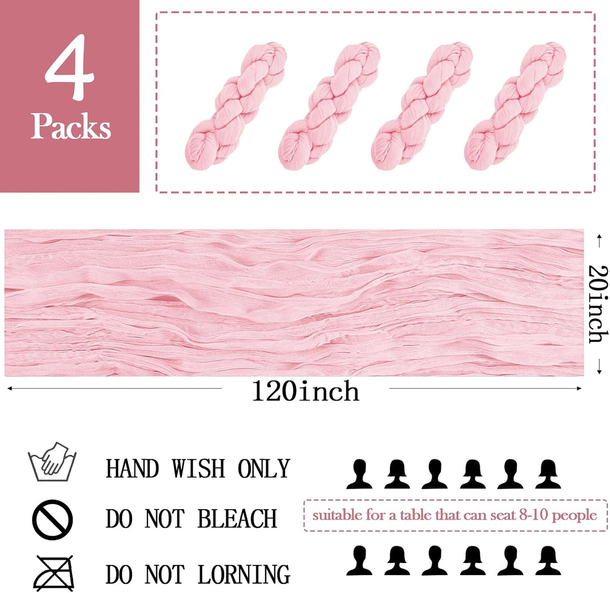 4 Pack Light Pink Cheesecloth Table Runner 20 x 120 inch Gauze Table Runners 10 FT Long,Semi Sheer Boho Cheese Cloth Fabric Table Runner Bulk for Wedding,Party,Baby Shower,Bridal Shower Decoration