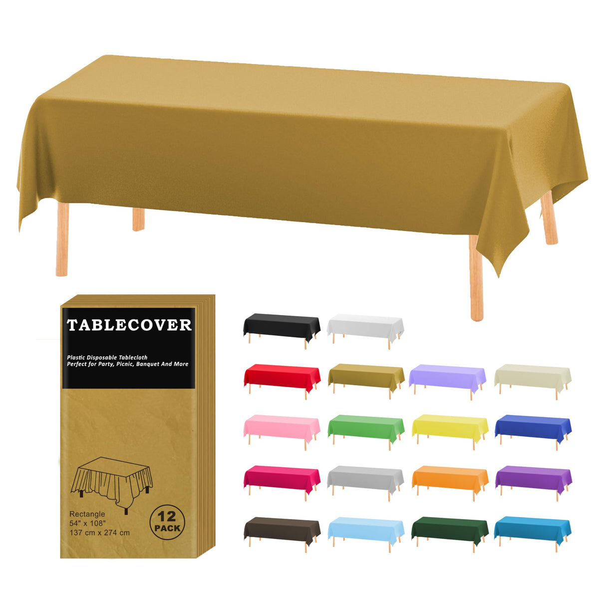 D&Z 12 Pack Black Disposable Plastic Tablecloth 54"x108" Table Cover