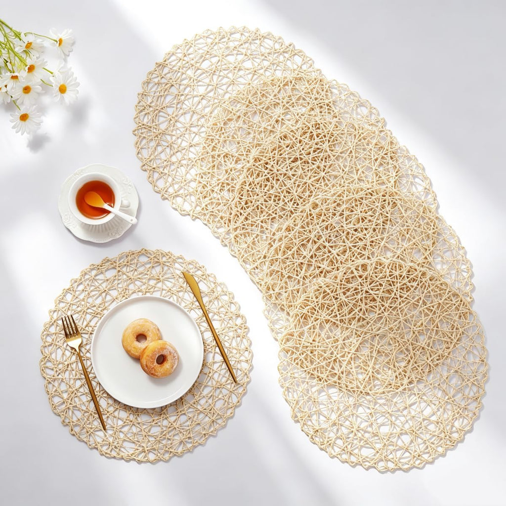 IcosaMro Beige Round Placemats Set of 6 for Dining Table, 15 Inch Paper Woven Boho Decorative Circle Place Mat for Wedding Christmas Thanksgiving Day Holiday Dinner, Beige