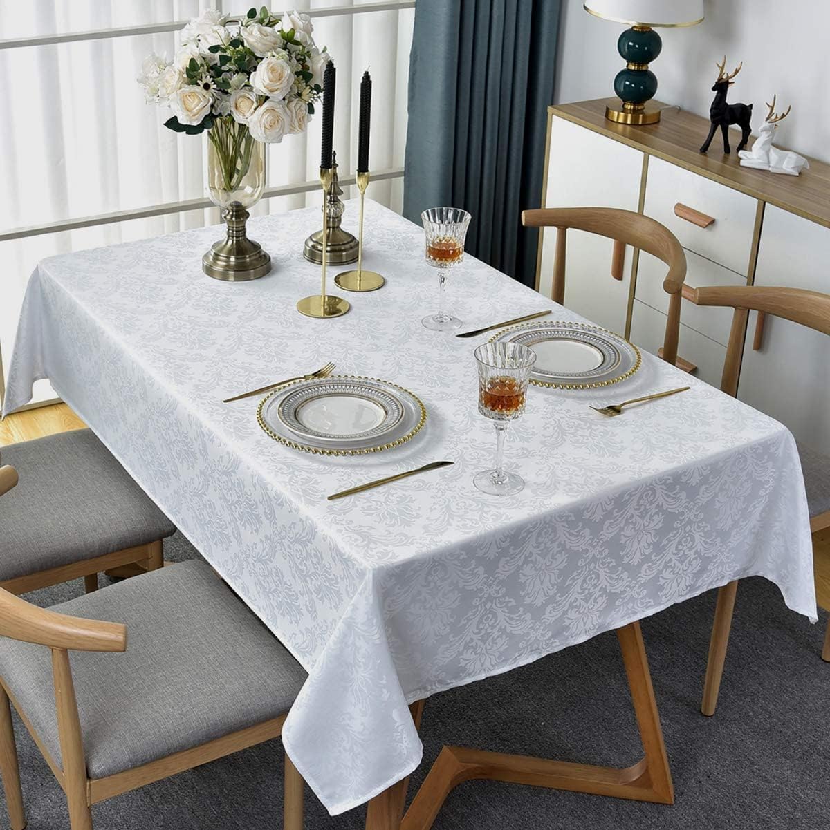 SASTYBALE White Jacquard Damask Rectangle Tablecloth, 60 x 120 Inch