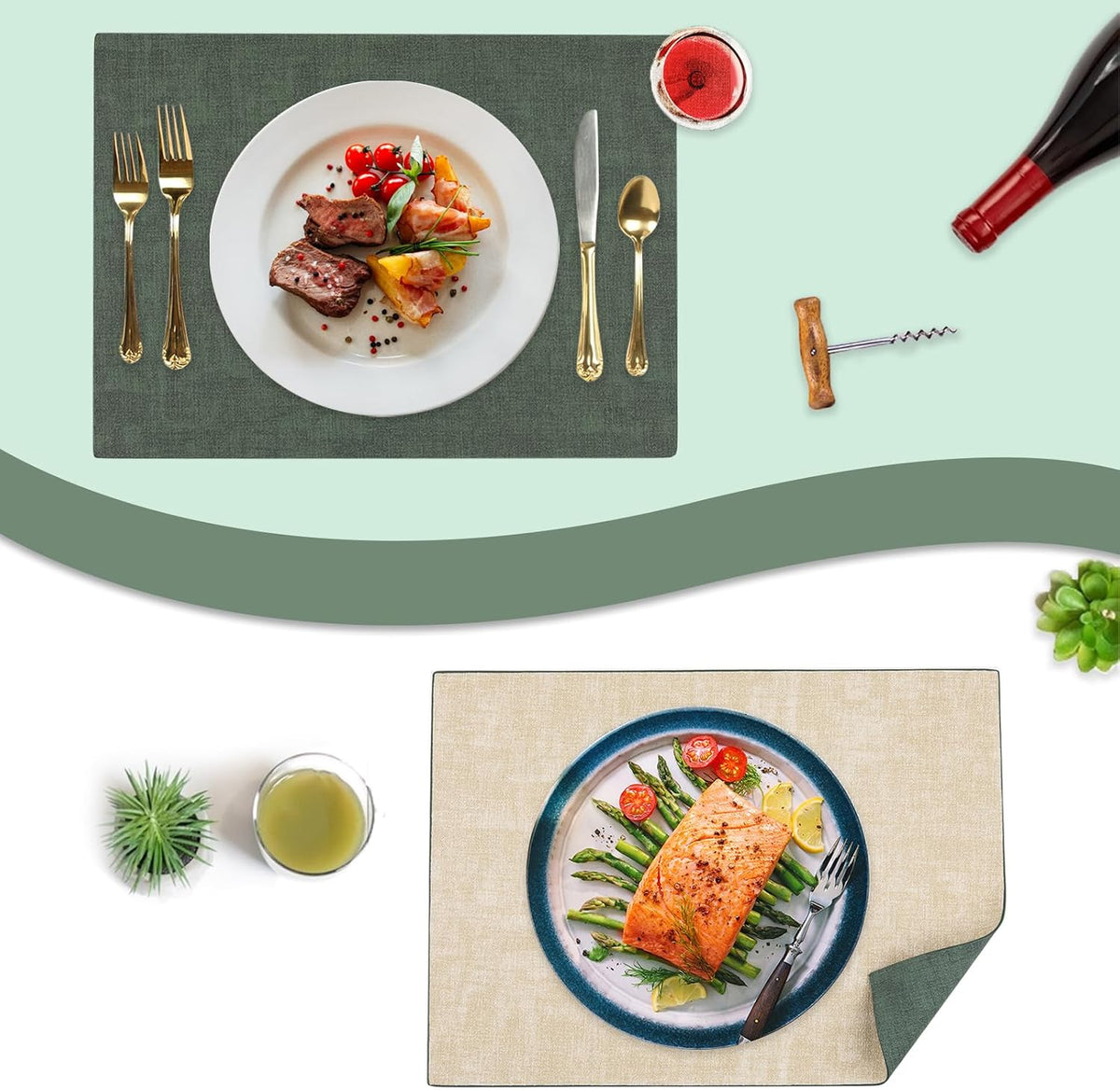 SUEH DESIGN Leather Placemats Table Mats Set of 6, Dark Green and Beige
