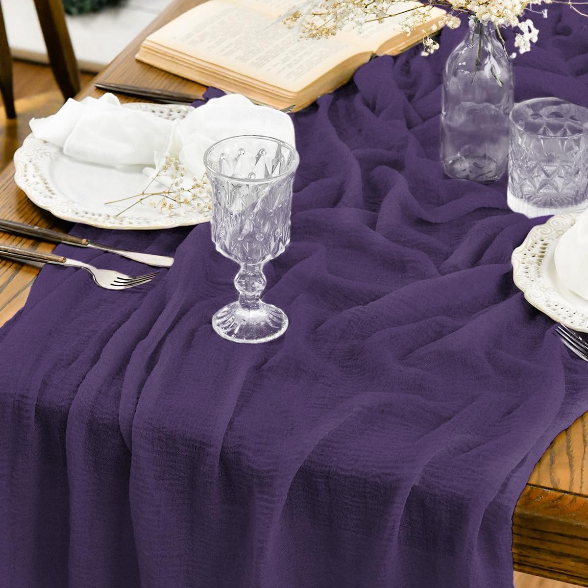 Artoid Mode Boho Cheesecloth Gauze Forest Green Wedding Table Runner, 160 Inch Seasonal Fabric Kitchen Dining Holiday Table Decor for Home Party Indoor