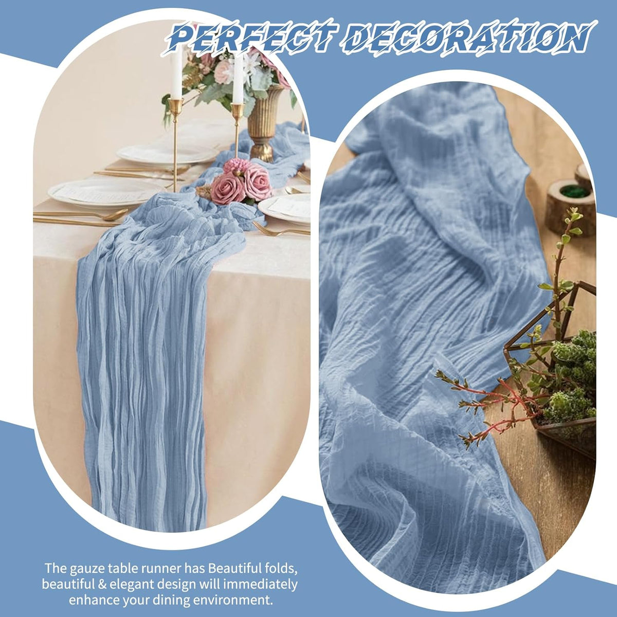 10 Pack Dusty Blue Cheesecloth Table Runner 17x108 Inch Boho Gauze Cheese Cloth Table Runners for Wedding Party Baby Shower Birthday Home Decor