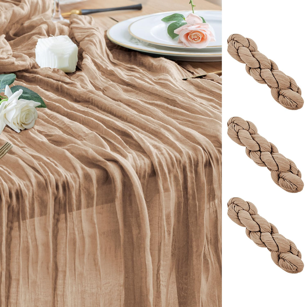 Wokceer Cheesecloth Table Runner Beige 10FT Boho Gauze Runner, 2 Pack
